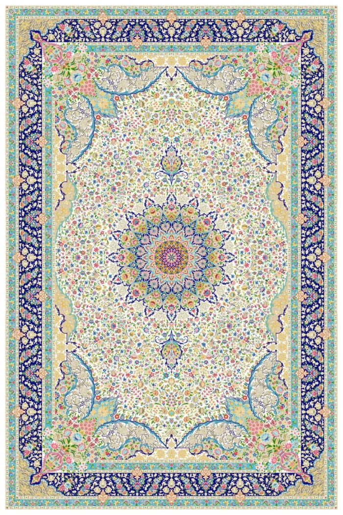 فرش ابریشم ماشینی 1600 شانه کد 160065 کرم سرمه ای