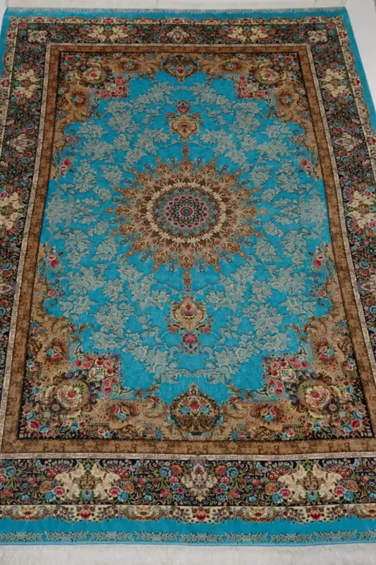 فرش ابریشم ماشینی 1600 شانه خاطره کویر کاشان آبی