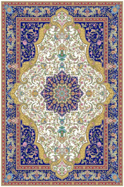 فرش ابریشم ماشینی 1600 شانه کرم سرمه ای