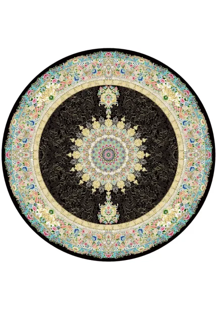 فرش گرد ابریشم ماشینی نقشه اصفهان مشکی