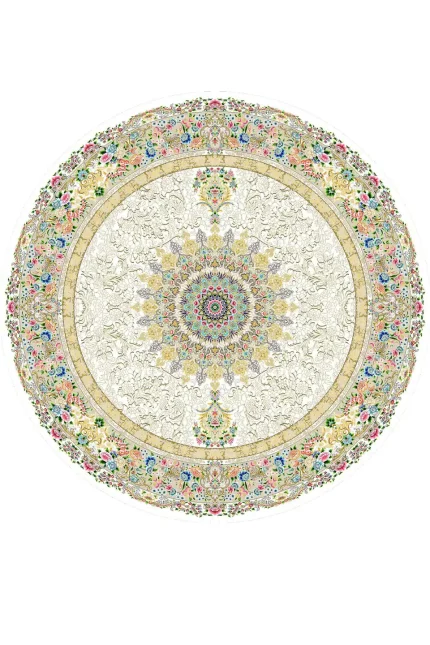 فرش گرد ابریشم ماشینی نقشه اصفهان کرم