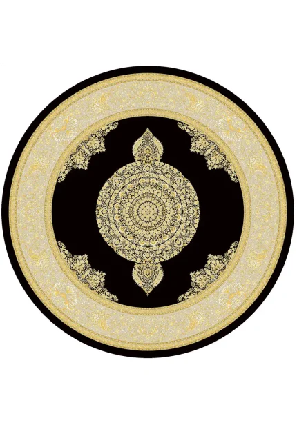 فرش گرد ابریشم ماشینی نقشه ورساچه مشکی