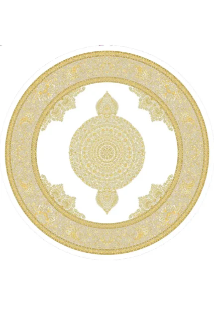 فرش گرد ابریشم ماشینی نقشه ورساچه کرم