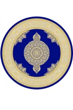 فرش گرد ابریشم ماشینی نقشه ورساچه سرمه ای