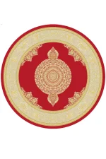 فرش گرد ابریشم ماشینی نقشه ورساچه قرمز لاکی
